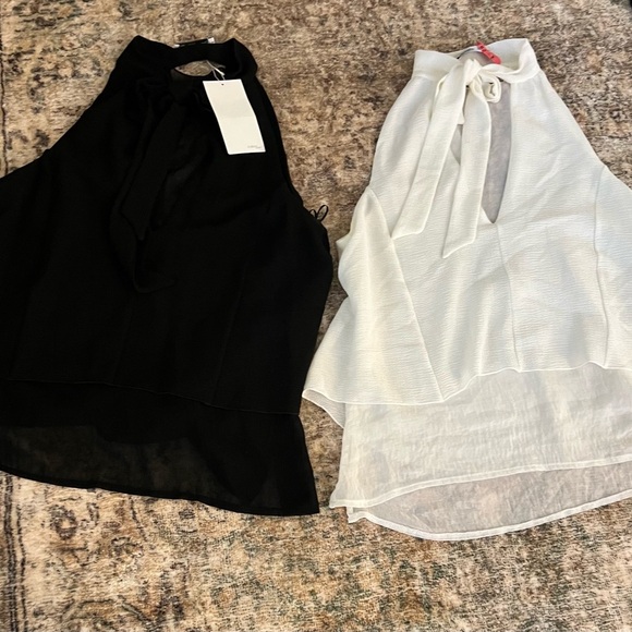 Zara Womens Tiered Black White Tops Chiffon Sheer Front Tie VNeck Small Bundle - Picture 1 of 16